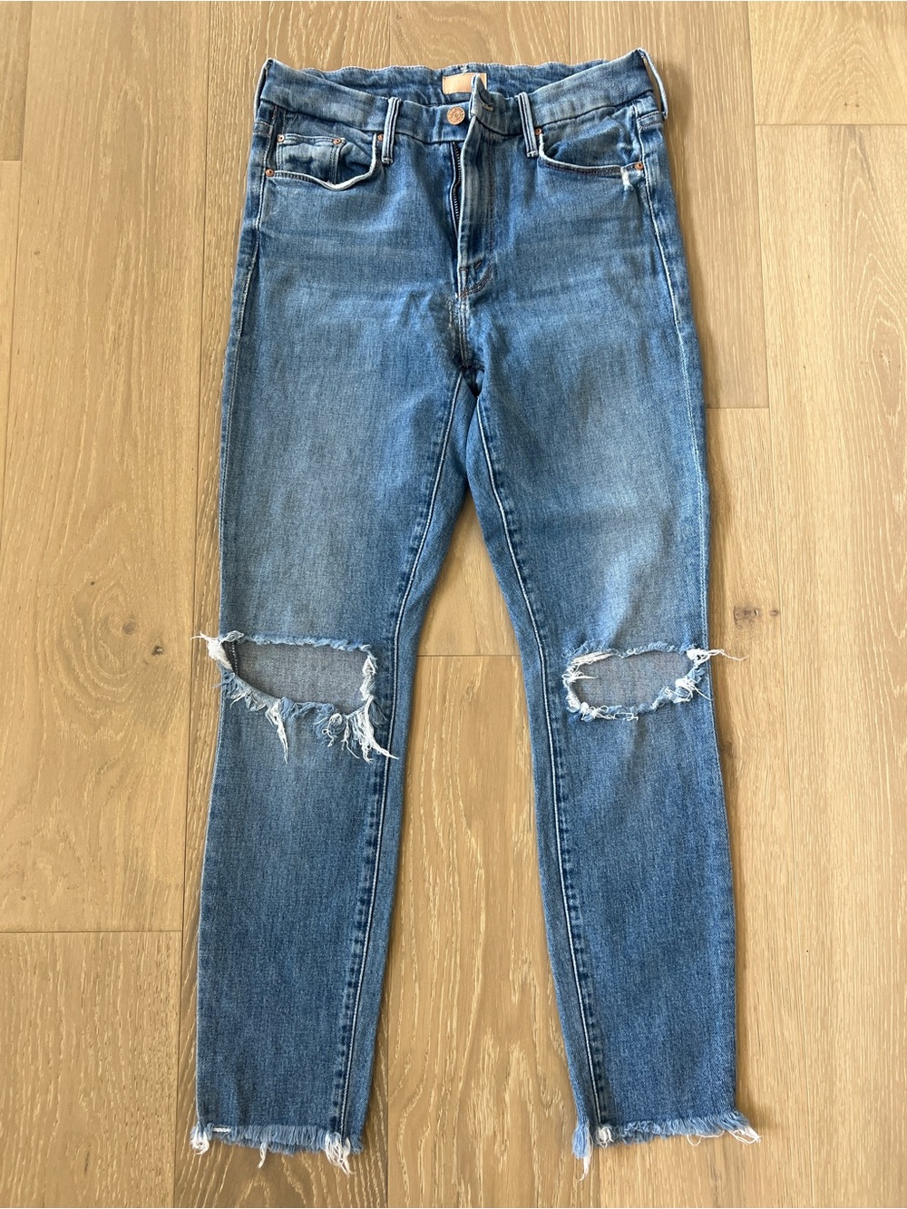 MOTHER Blue Distressed Ankle Crop Jeans